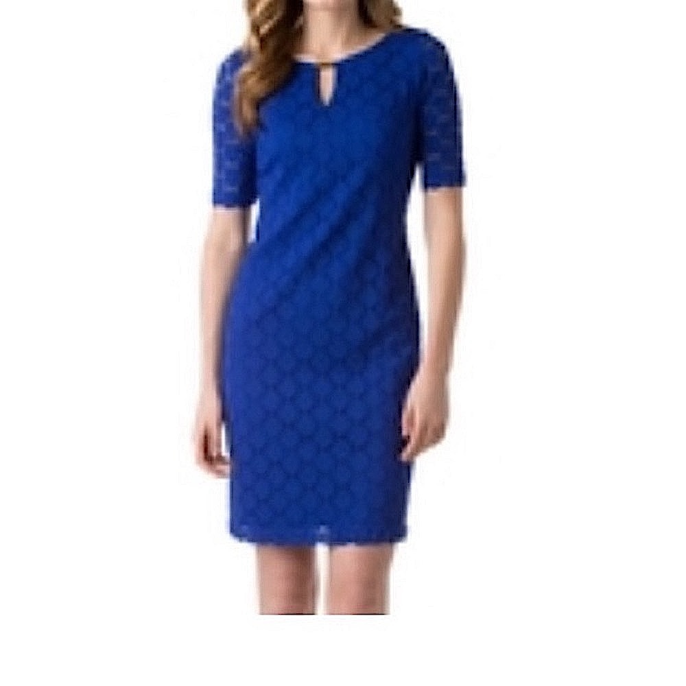 Ronni Nicole Elbow Sleeve Circle Lace Crochet Eyelet Royal Blue Cobalt Dress